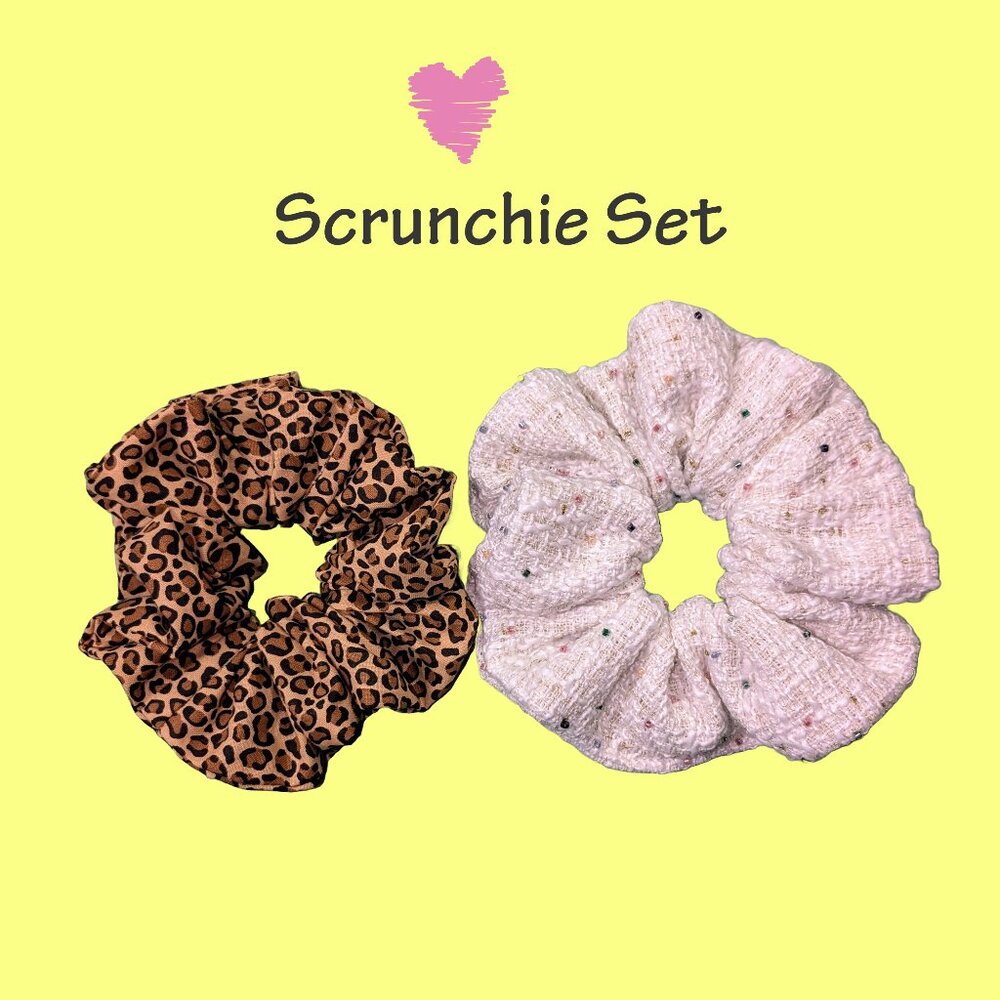 Leopard Print & Beaded Tweed Scrunchie Set